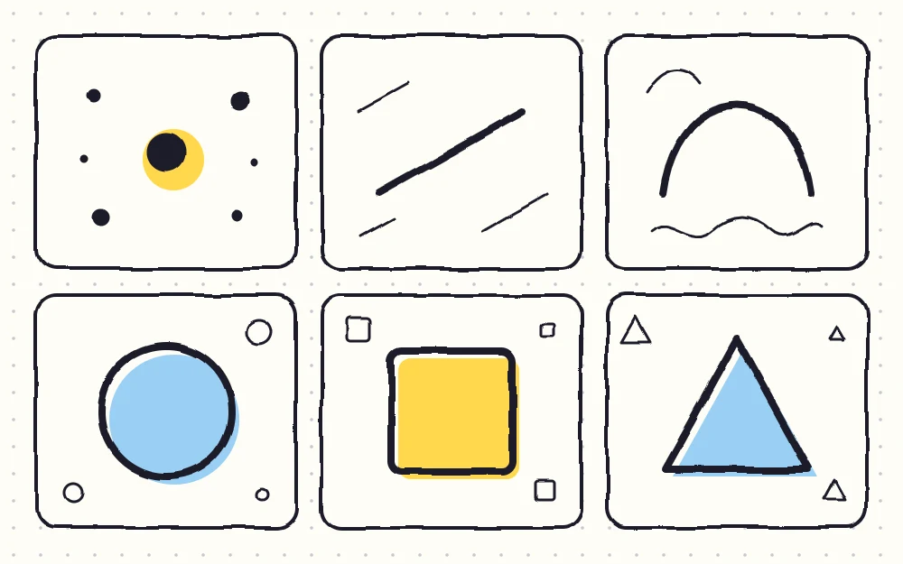 Six basic marks shown as separate tiles: a dot, a straight line, a curved line, a circle, a square and a triangle