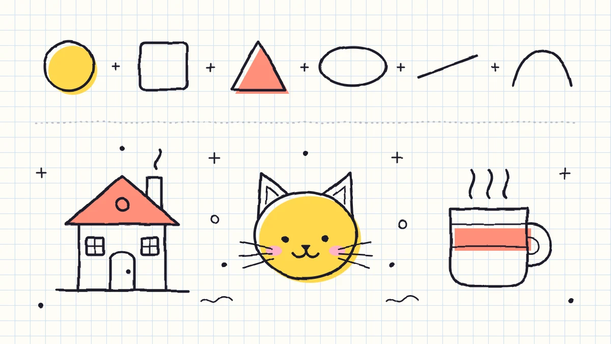 A notebook page with a row of basic shapes along the top and three finished doodles made from them below: a small house, a cat face and a mug