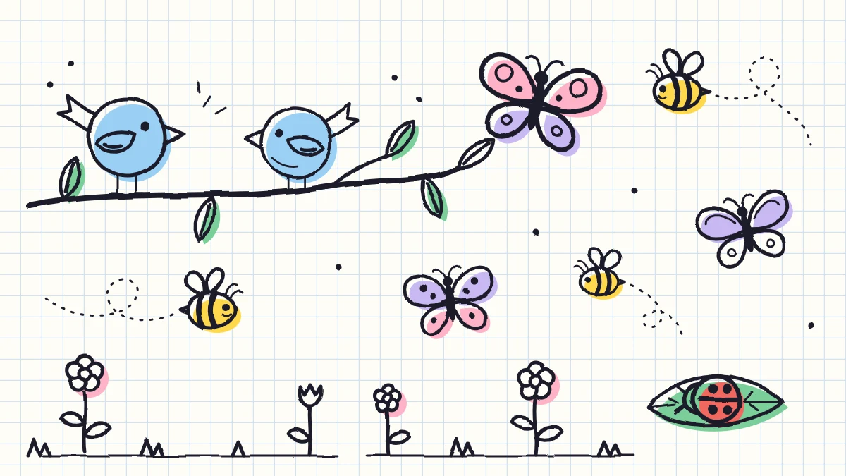 A garden doodle scene with two round birds on a branch, bees with dashed looping flight paths, three butterflies, a ladybug on a leaf and small flowers