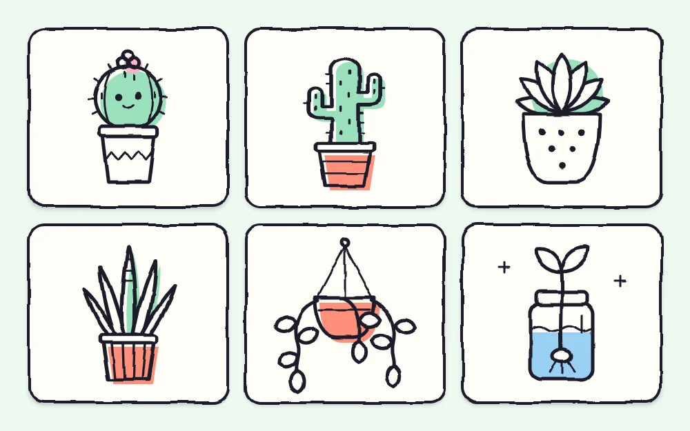 Six houseplant doodles: a round cactus, a tall cactus with arms, a rosette succulent, blade leaves, a hanging vine and a sprout in a jar
