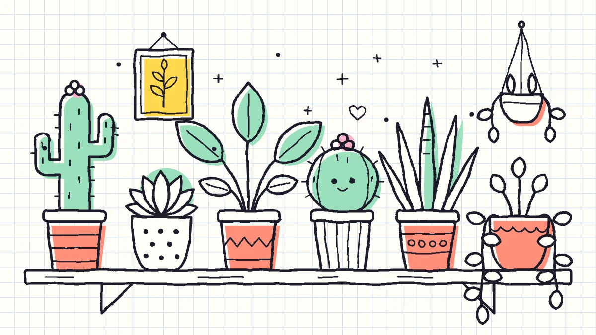 A shelf holding a row of potted plant doodles, including two cactuses, a succulent, a vine and leafy plants in patterned pots