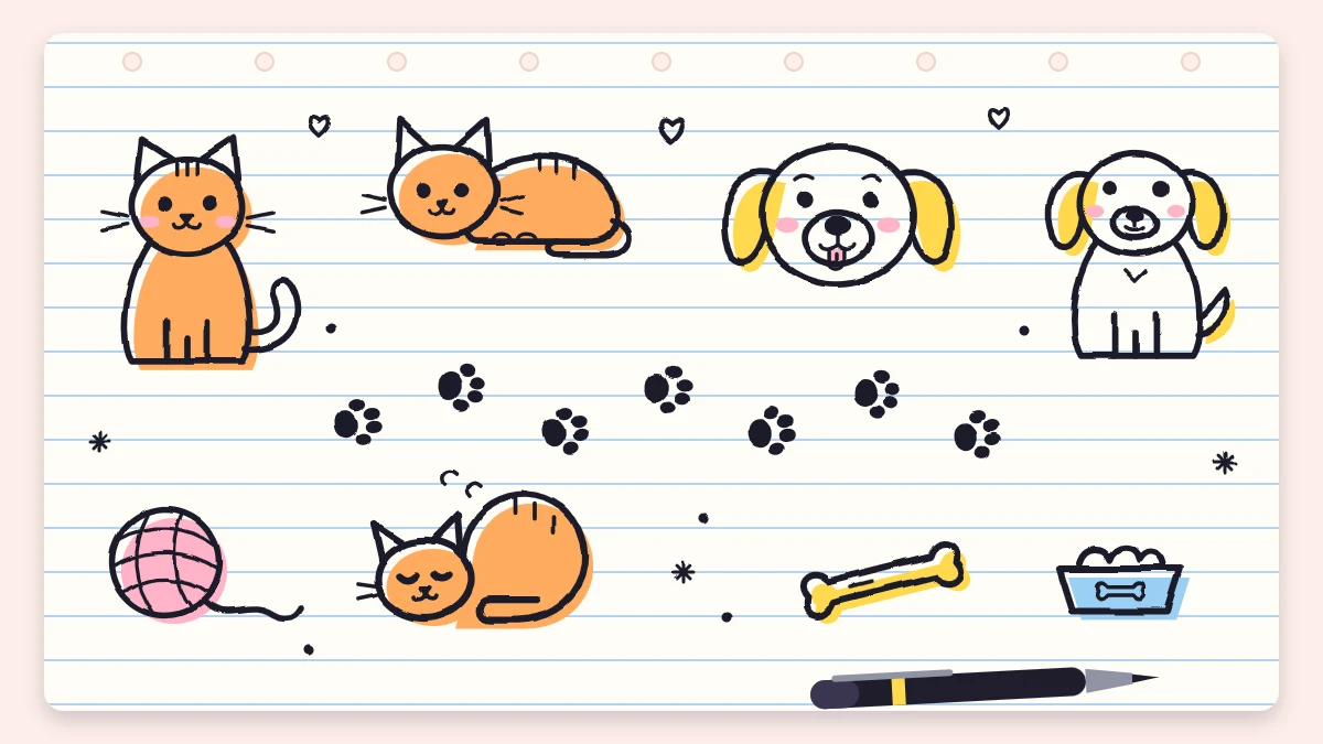 A page of cat and dog doodles with a sitting cat, a cat loaf, a sleeping cat, two dogs, paw prints, a bone and yarn