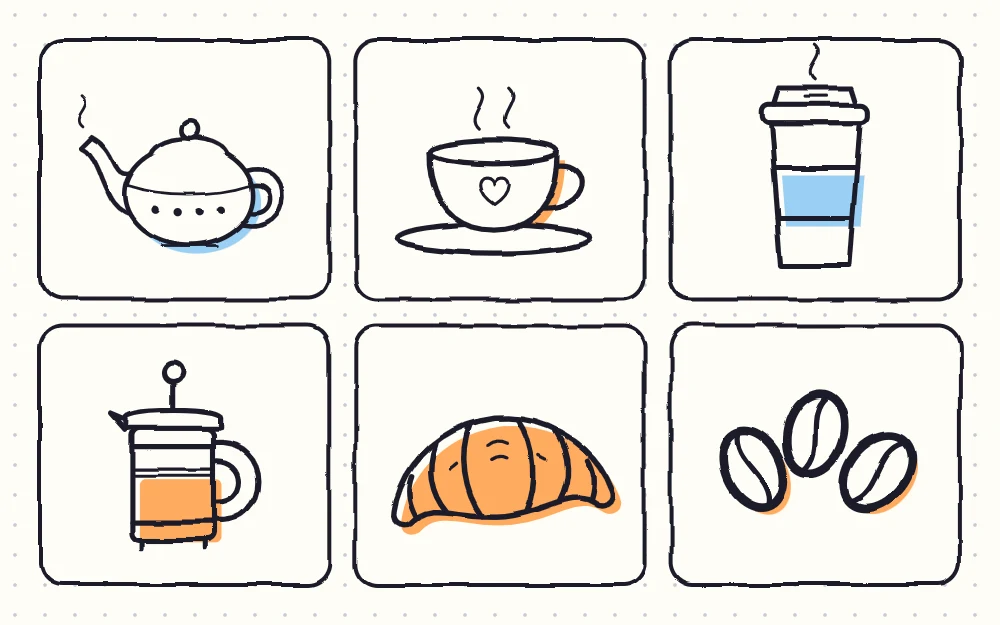 Six cafe doodles as tiles: a teapot, a teacup on a saucer, a plain to-go cup, a press pot, a croissant and three coffee beans