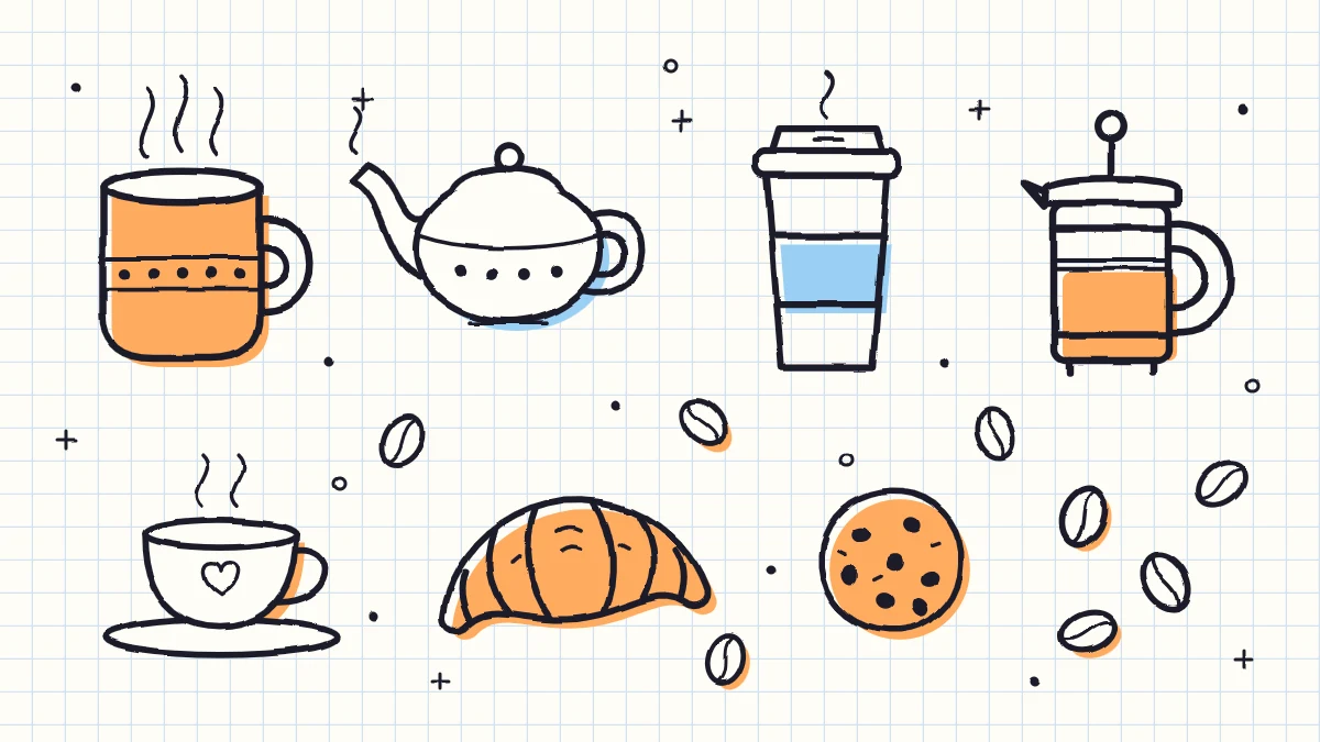 A page of cafe doodles with a steaming mug, a plain to-go cup with a lid, a teapot, a teacup on a saucer, a press pot, a croissant, a cookie and coffee beans