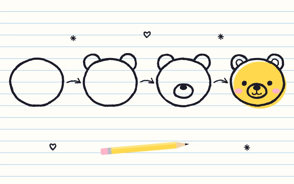 A bear face built in four stages: a round head, two round ears, an oval muzzle with a nose, then dot eyes and blush marks