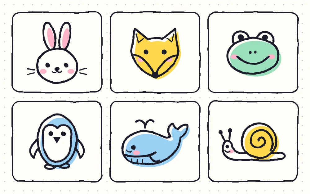Six cute animal doodles in tiles: a bunny, a fox, a frog, a penguin, a whale and a snail, drawn from simple shapes