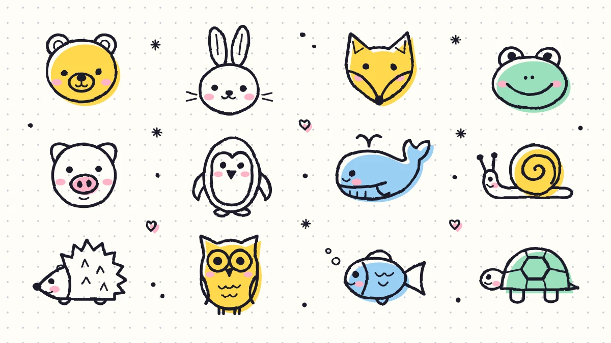 Twelve small cute animal doodles on a page, including a bear, bunny, fox, frog, penguin, whale and owl, with pink blush marks