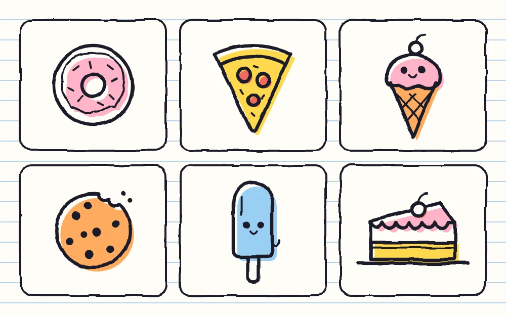 Six treats shown as tiles: a donut, a pizza slice, an ice cream cone, a cookie with chips, a popsicle and a slice of cake