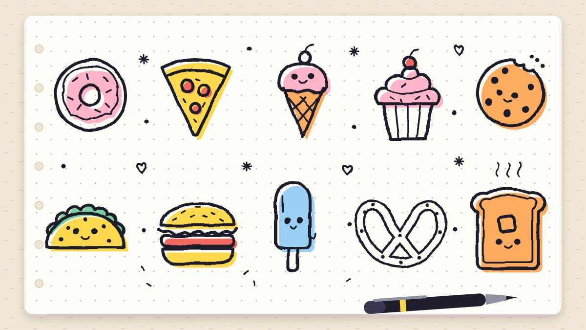 A page of snack and treat doodles including a donut with sprinkles, a pizza slice, an ice cream cone, a cupcake, a cookie, a taco, a burger and a popsicle