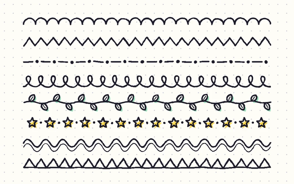Eight border strips stacked in rows: scallops, a zigzag, dots and dashes, joined loops, a leafy vine, stars, waves and triangles