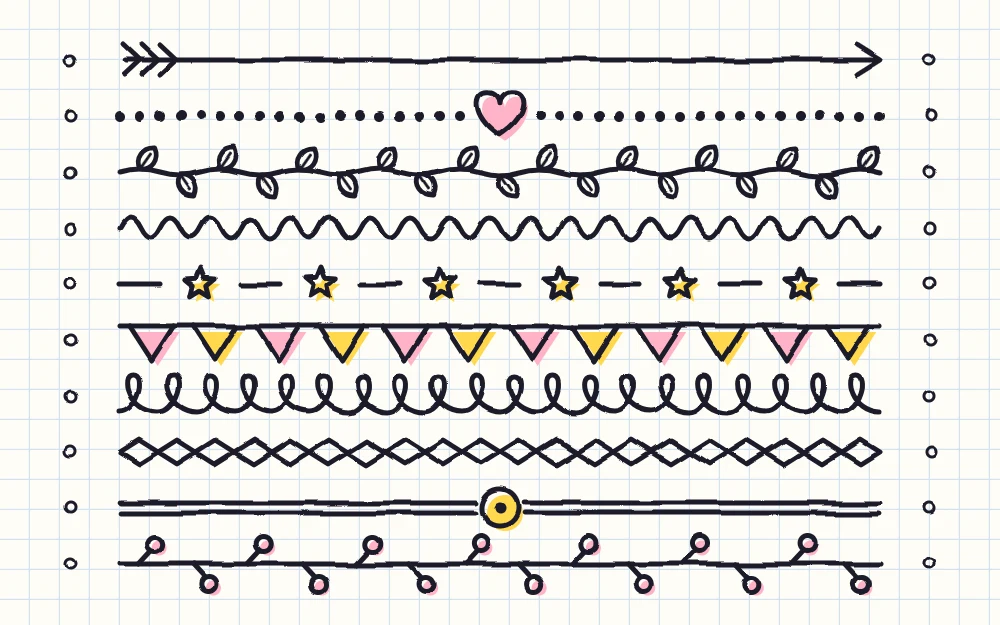 Ten stacked divider lines including an arrow, dots with a center heart, a leafy vine, a wave, bunting flags and a berry branch