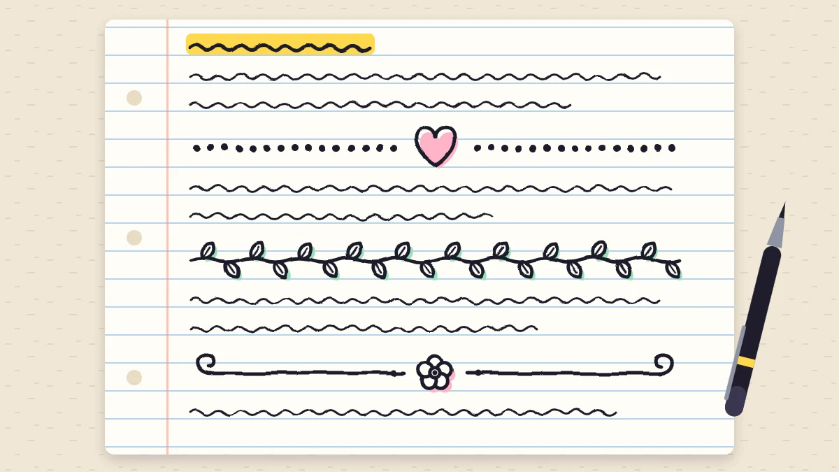 A lined notebook page where three different doodle dividers separate blocks of wavy lines standing in for writing