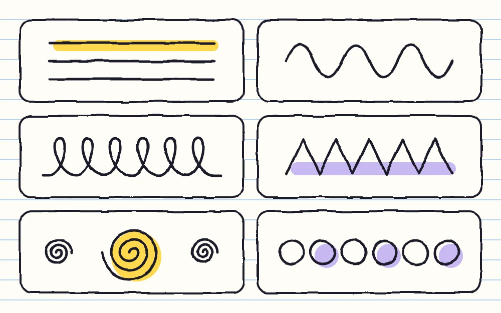 Six warm-up rows shown as tiles: straight lines, a wave, a row of joined loops, a zigzag, a spiral and a row of small circles