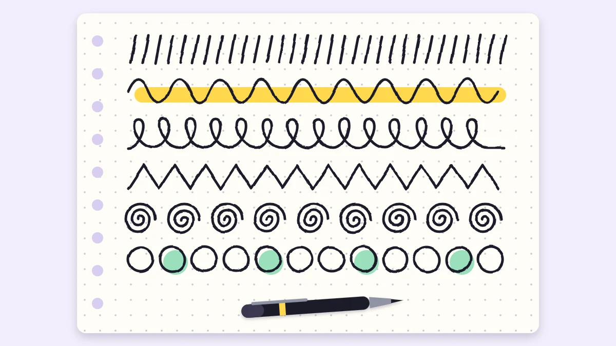 A notebook page filled with neat rows of practice marks: parallel lines, waves, loops, zigzags, spirals and circles, with a pen at the bottom