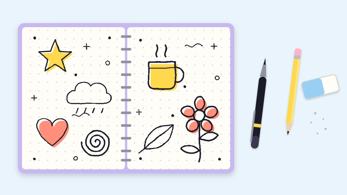 A flat lay of doodling supplies on a desk: a black fineliner pen, a pencil, an eraser and a small open dot-grid notebook with a few doodles