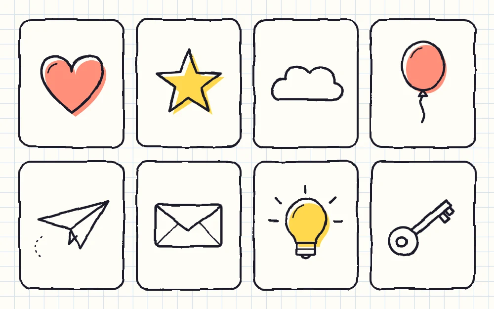 Eight simple doodles in two rows of tiles: a heart, a star, a cloud, a balloon, a paper plane, an envelope, a light bulb and a key