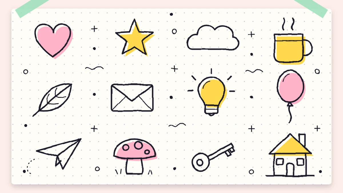 A page covered with a loose grid of small easy doodles, including a heart, a star, a cloud, a mug, a leaf, an envelope, a light bulb, a balloon and a little house