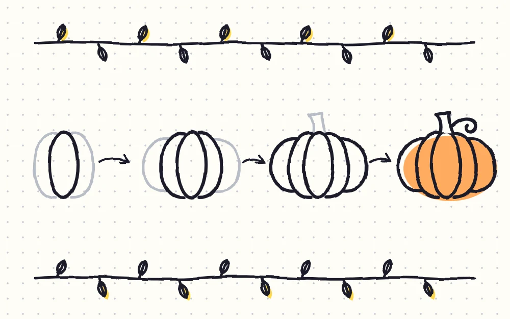 A pumpkin drawn in four stages joined by arrows: a center oval, one curved segment per side, two outer segments, then a stem and curly vine