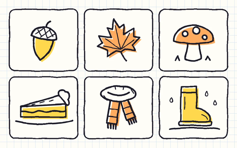 Six fall doodles arranged as tiles: an acorn, a maple-style leaf, a mushroom, a slice of pie, a striped scarf and a rain boot