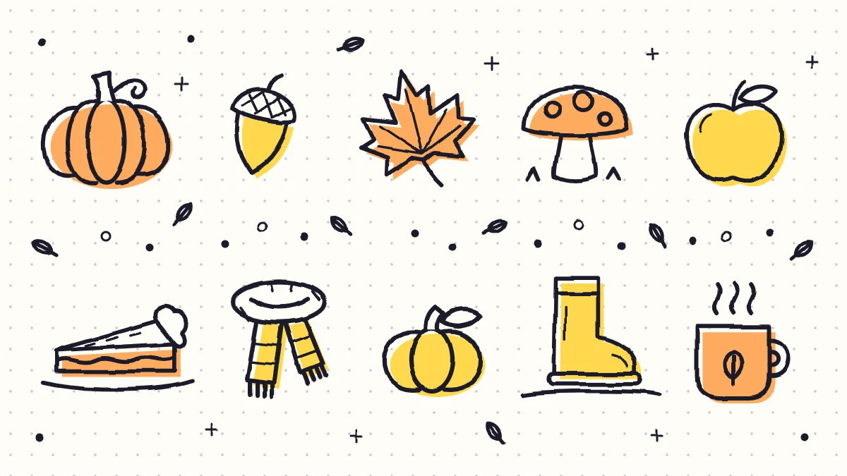 A page of fall doodles with two pumpkins, an acorn, a leaf, a mushroom, an apple, pie, a scarf, a rain boot and a steaming mug in orange and mustard