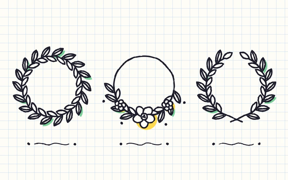 Three wreath variations side by side: a full leafy circle, a half wreath along the bottom and a laurel of two branches