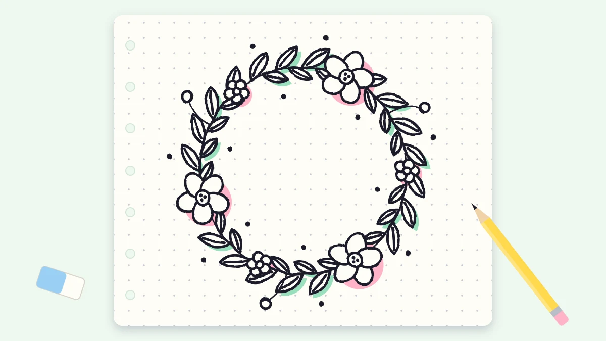 A finished circular wreath doodle of leaves and small flowers around an empty center, with soft green and pink accents