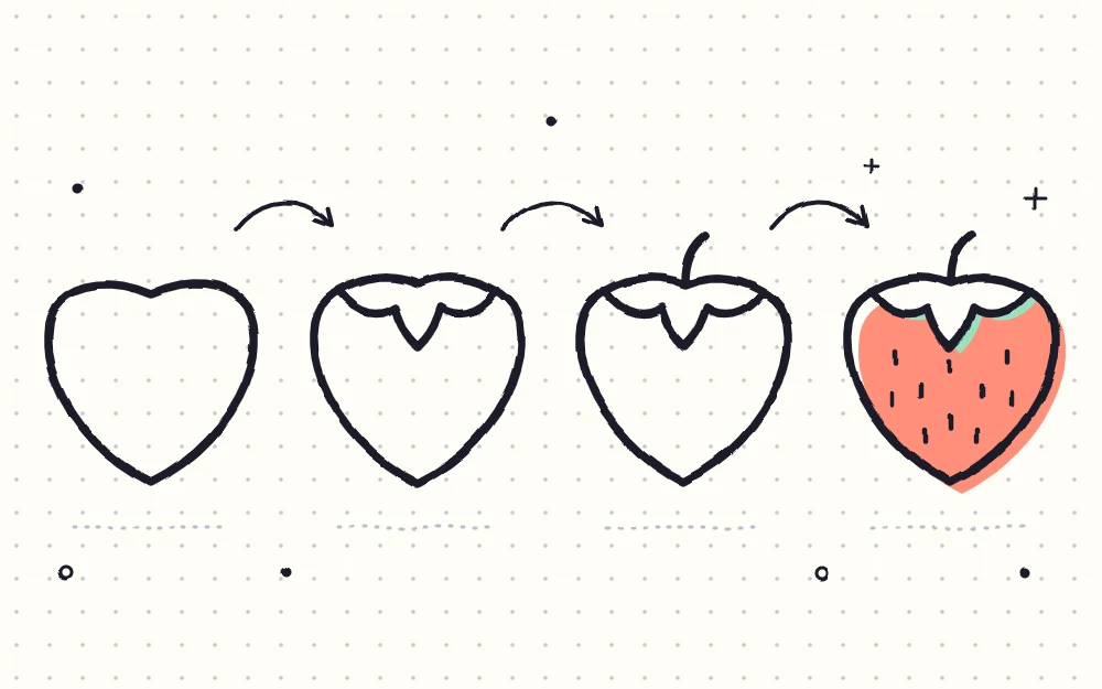 A strawberry drawn in four stages joined by arrows, from a rounded heart-like body to a finished strawberry dotted with seeds