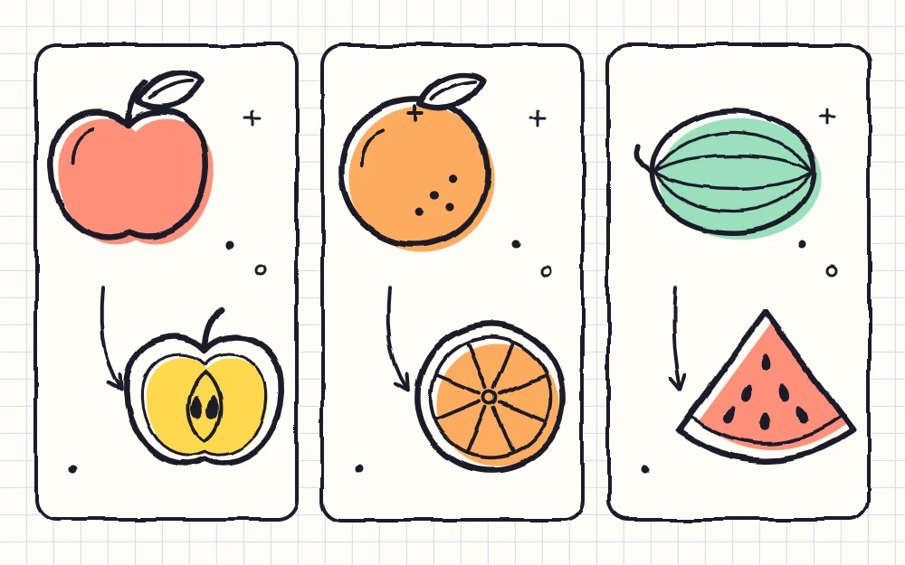 Three pairs of whole and cut fruit side by side: an apple and apple half, an orange and orange slice, a watermelon and wedge