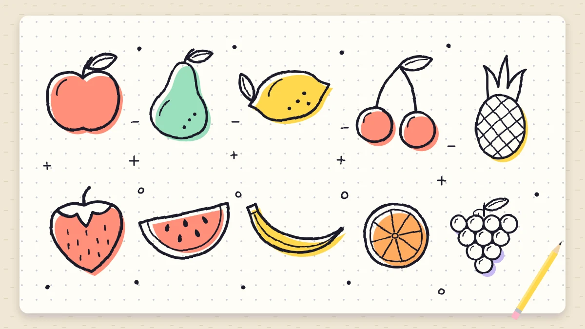 A page of fruit doodles with an apple, a pear, a lemon, a pair of cherries, a strawberry, a watermelon wedge, a banana, an orange half, grapes and a pineapple