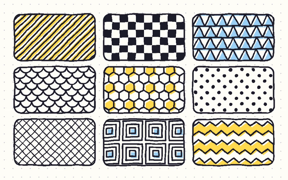 Nine pattern swatches in a grid: stripes, checkerboard, triangles, scales, honeycomb, dots, crosshatching, concentric squares and chevrons