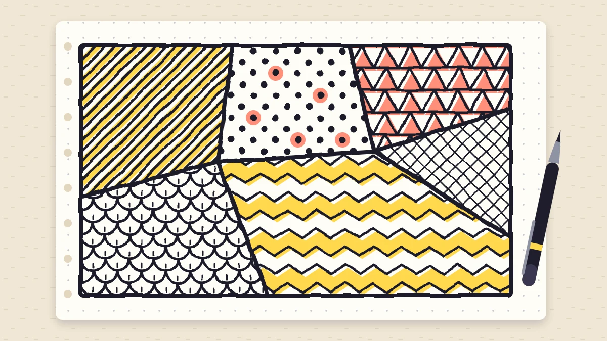 A page split into irregular sections by bold lines, each filled with a different pattern such as stripes, dots, triangles, scales, chevrons and crosshatching