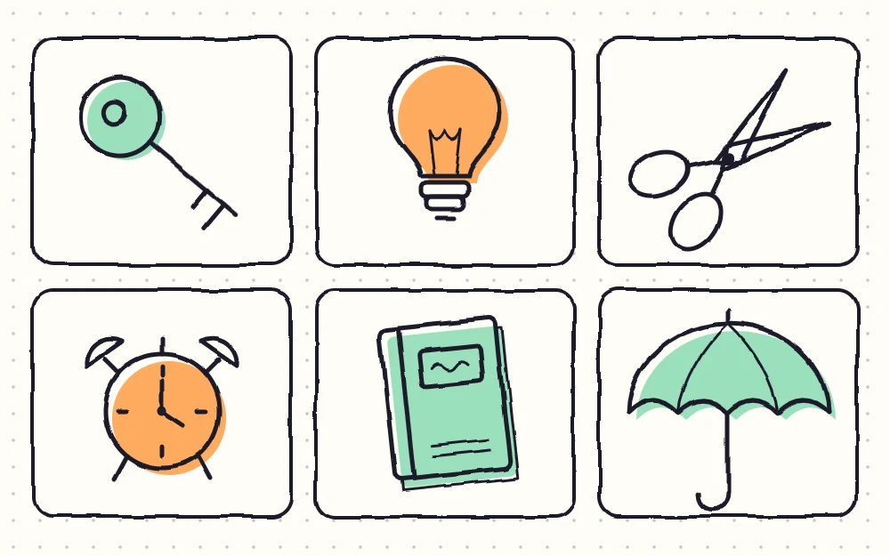 Six household object doodles as tiles: a key, a light bulb, scissors, a round alarm clock, a closed book and an open umbrella