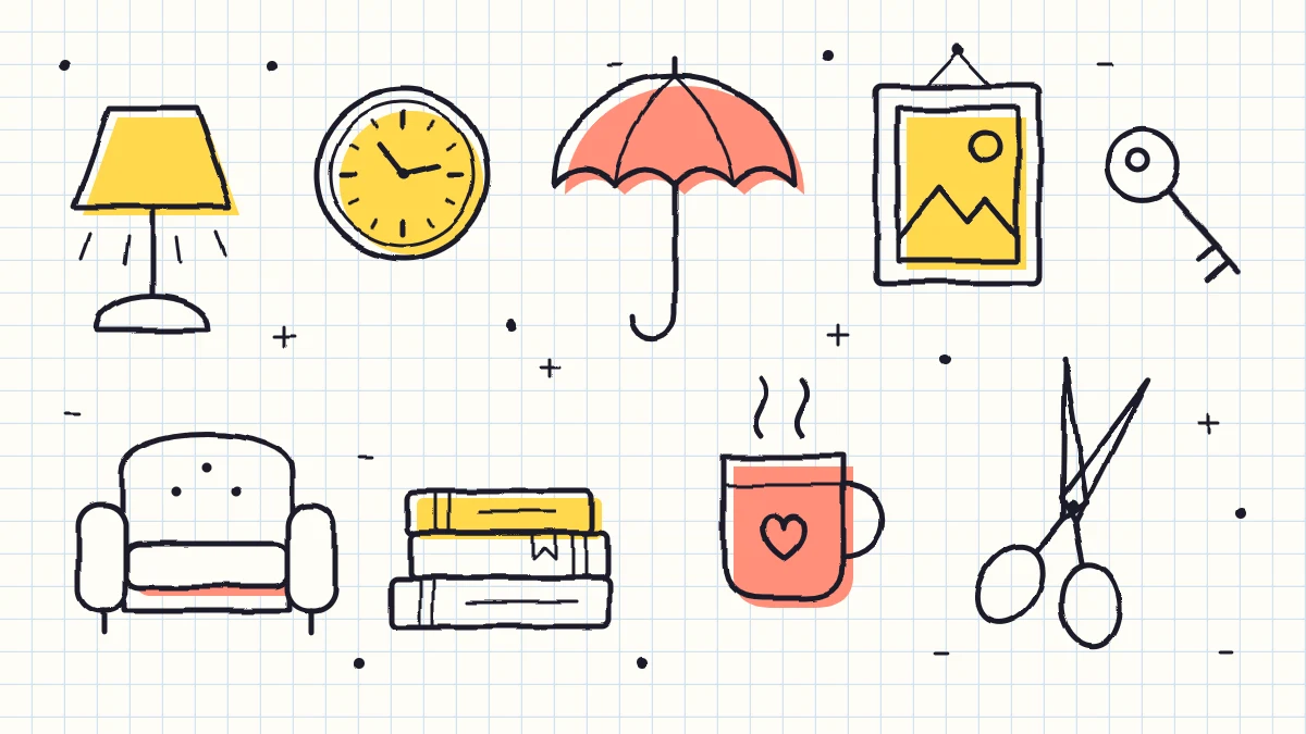 A page of everyday object doodles including a table lamp, an armchair, a mug, a wall clock, a stack of books, a key, scissors, an umbrella and a picture frame