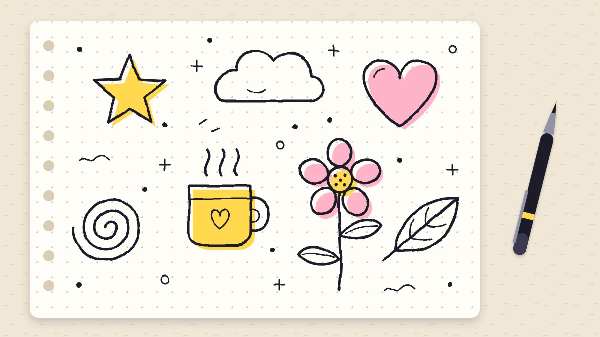 An open notebook page scattered with simple line doodles, including a star, a heart, a leaf, a cloud, a mug, a spiral and a small flower, with a pen beside it