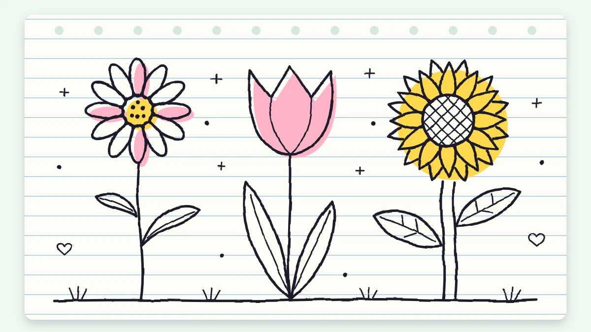 Three black-line flower doodles side by side with stems and leaves: a daisy, a tulip and a sunflower with yellow and pink accents