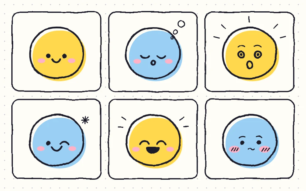 Six simple face expressions as tiles, each drawn on a round blob shape with dots and short curves