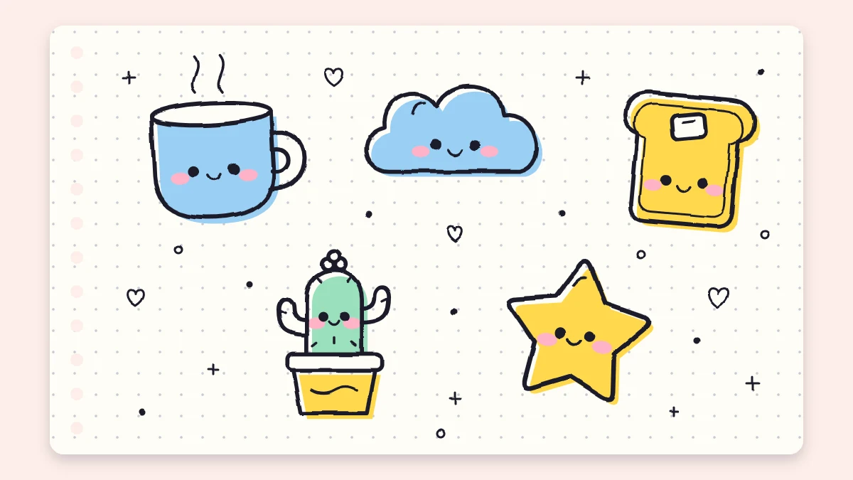 Five everyday things drawn as friendly doodles with simple faces and pink blush marks: a mug, a cloud, a slice of toast, a potted cactus and a star