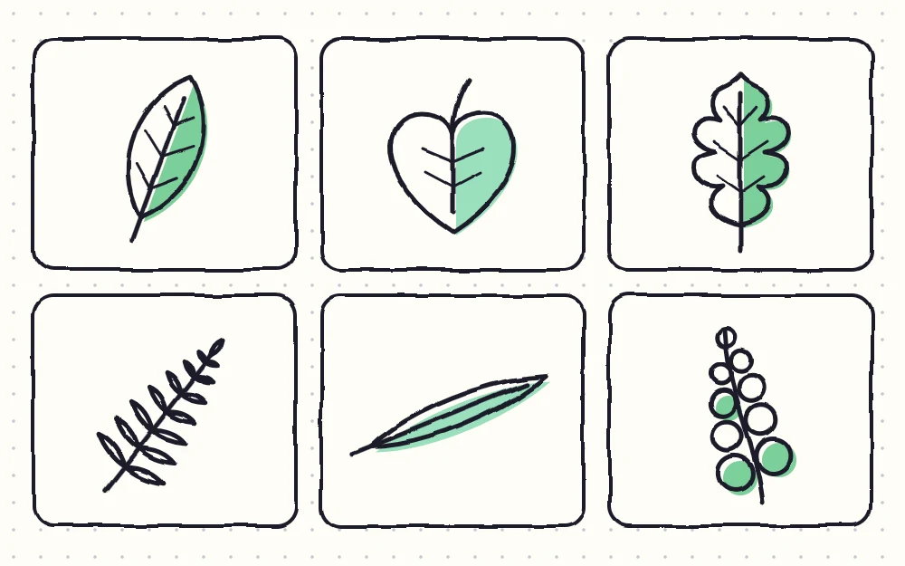 Six leaf shapes as tiles: an almond leaf, a heart-shaped leaf, a lobed oak-style leaf, a fern frond, a narrow willow leaf and a round-leaf sprig