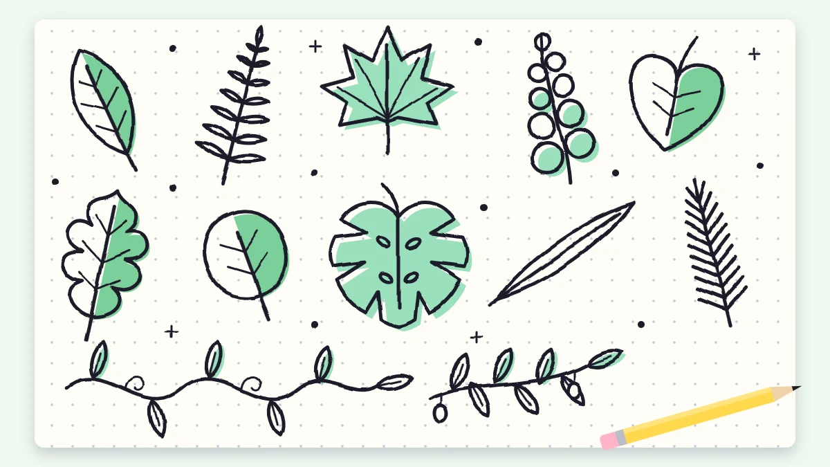 Twelve black-line leaf doodles scattered across a page, some half filled with soft green, including almond leaves, a fern frond, a maple-style leaf and a trailing vine