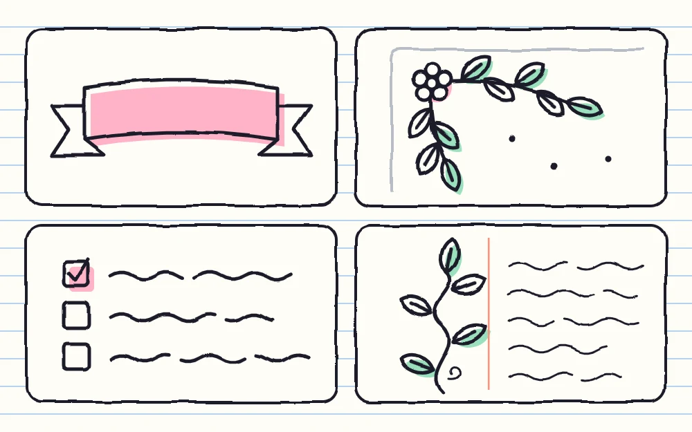 Four notebook page elements as tiles: a blank ribbon banner, a leafy corner, three checkbox bullets with wavy lines, and a climbing vine