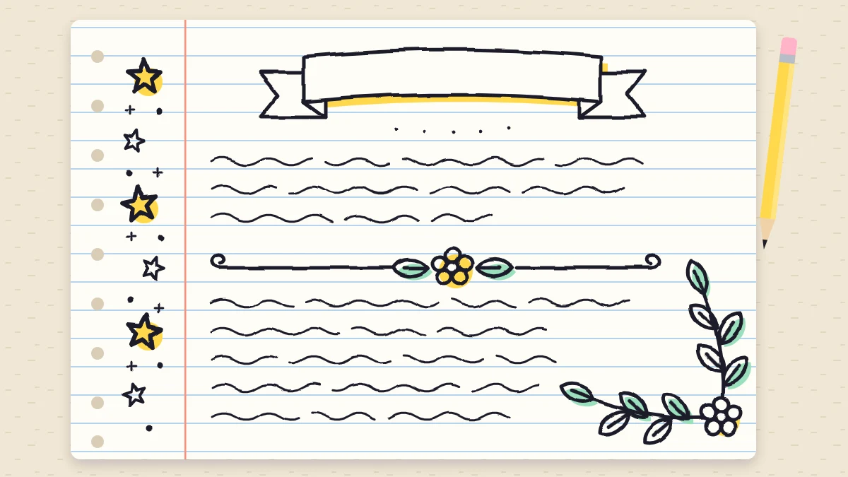 A lined notebook page with a blank ribbon banner at the top, a leafy corner, stars down the margin, a doodle divider and wavy lines standing in for writing