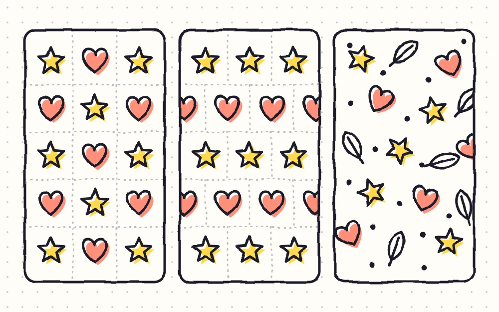 Three panels side by side showing small motifs in a straight grid, in an offset brick arrangement, and scattered at different angles