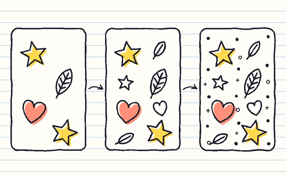 A page filled in three stages joined by arrows: large motifs with wide gaps, medium motifs added between, then tiny dots filling the remaining spaces