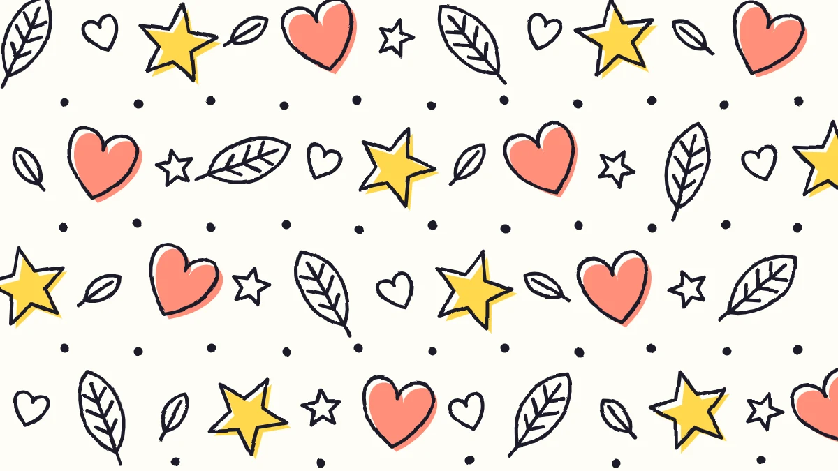 A page completely filled with an evenly scattered pattern of leaves, stars, hearts and dots, with motifs running off the edges