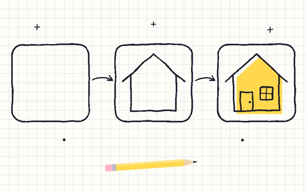 A house icon built in three stages joined by arrows: an empty rounded square frame, a house outline inside it, and the finished icon with a door and window