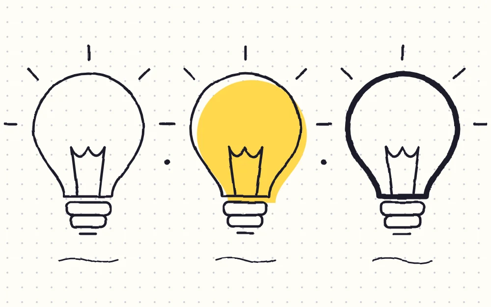 One light bulb icon drawn three ways side by side: a plain outline, an outline with a flat yellow shape offset behind it, and a bolder outer line