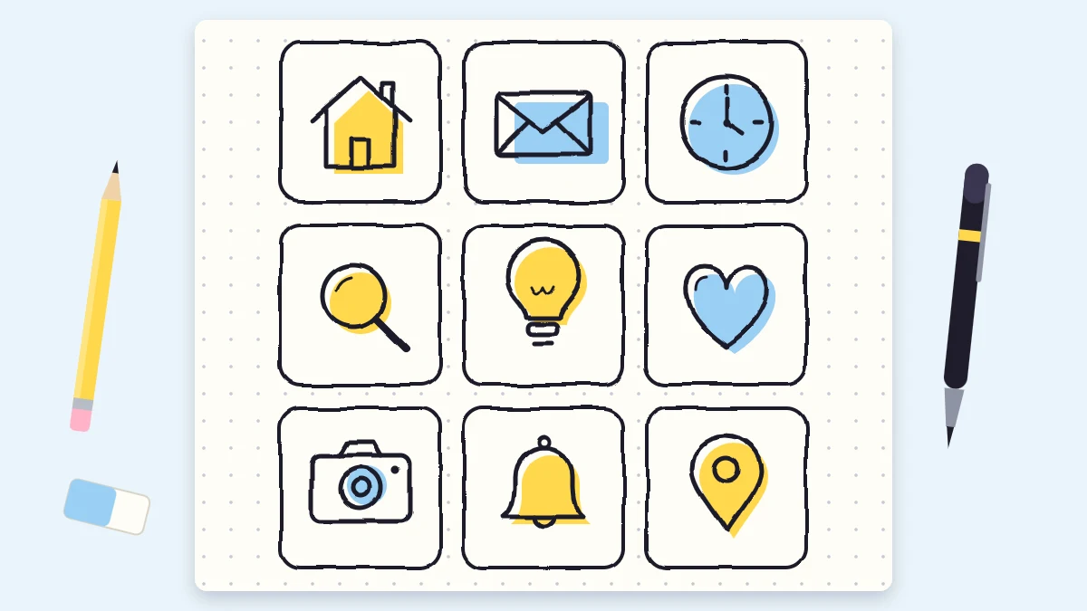 A tidy grid of nine line icons, each inside a rounded square: a house, an envelope, a clock, a magnifying glass, a light bulb, a heart, a camera, a bell and a map pin