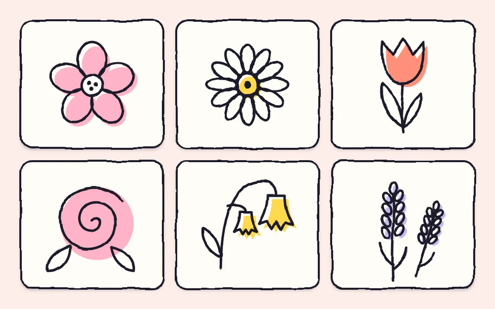 Six tiny flower doodles in tiles: a five-petal flower, a daisy, a tulip cup, a spiral rose, a bell flower and a lavender sprig