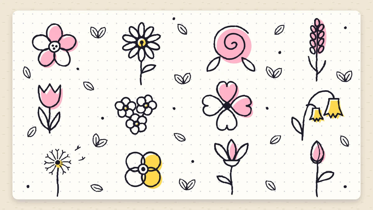 Twelve tiny black-line flower doodles scattered across a dot-grid page with small leaves and touches of pink and yellow