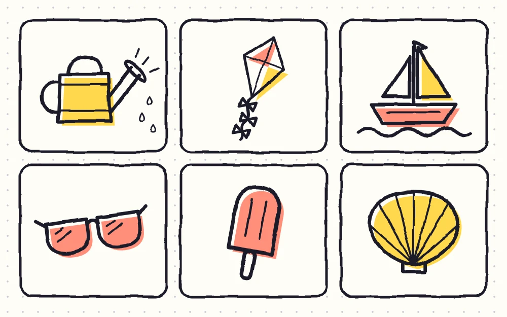 Six warm-weather doodles as tiles: a watering can, a kite with a tail of bows, a sailboat, a pair of sunglasses, a popsicle and a seashell
